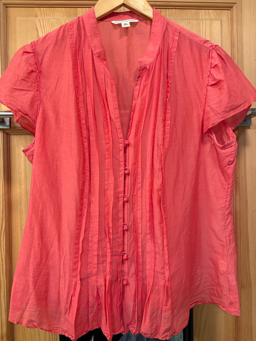 Breezy Semi Sheer Flutter Sleeve Coral Button Up V Neck Shirt Sz XL